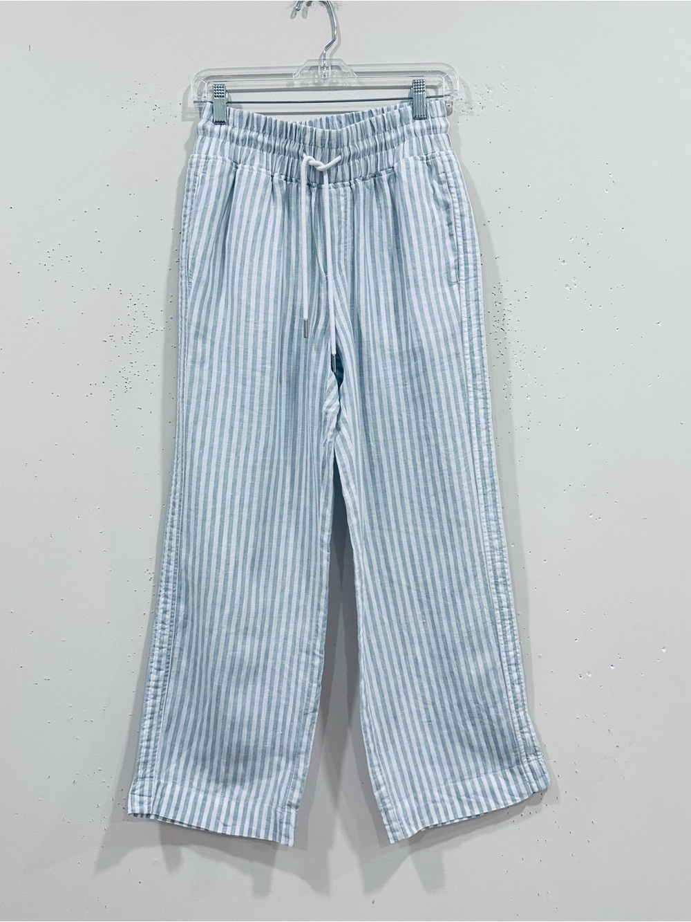 Quince 100% European Linen Wide Leg Pants Blue White Striped Drawstring Size XS